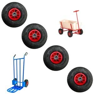 Set van 4 luchtband wielen 3.00-4 met Ø20 mm asgat en kunststof velg rood