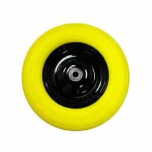 Lekvrij geel kruiwagenwiel 4.80/4.00-8 met zwarte metalen velg en 20 mm asgat